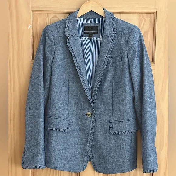 NWOT J. Crew Regent Single Button Blue Chambray Ruffle Blazer Women's Size 8 - Picture 2 of 16